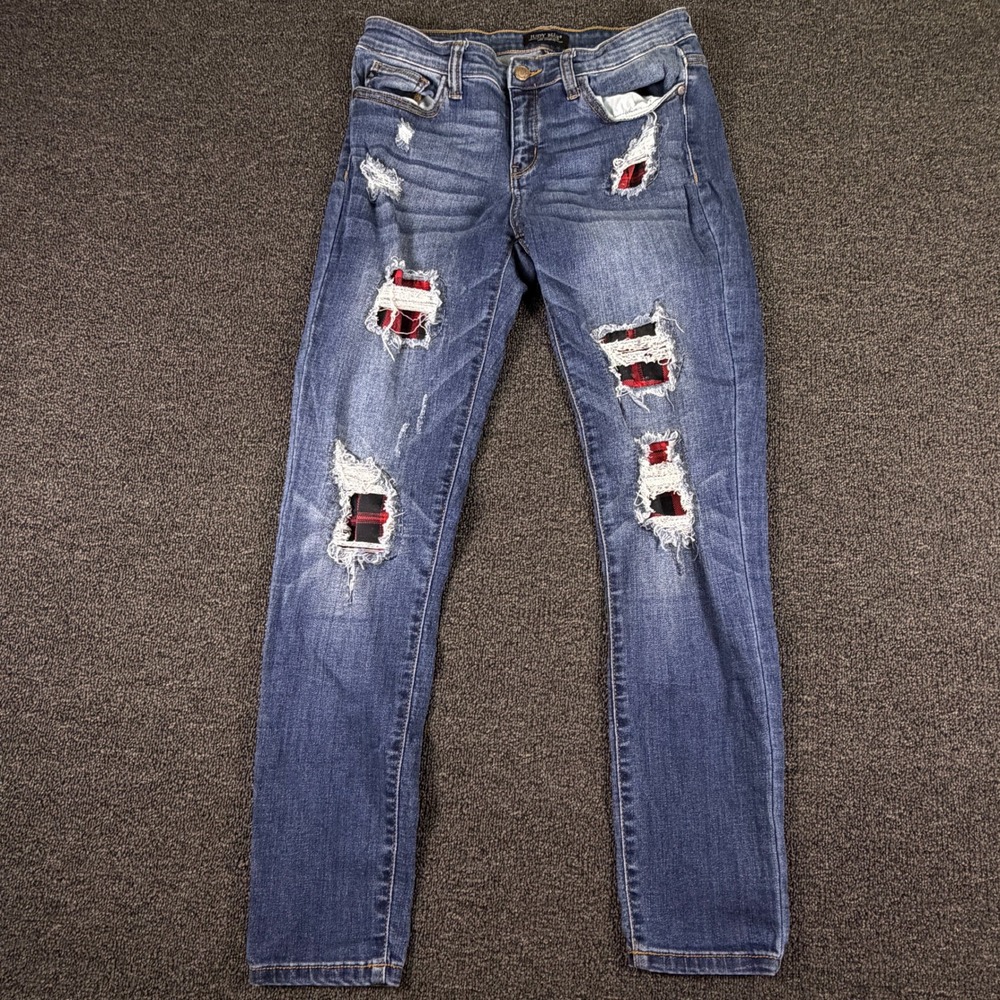 Judy Blue Jeans Womens 13/31 Skinny Fit Blue Distressed Plaid Patch EUC JB8268DK